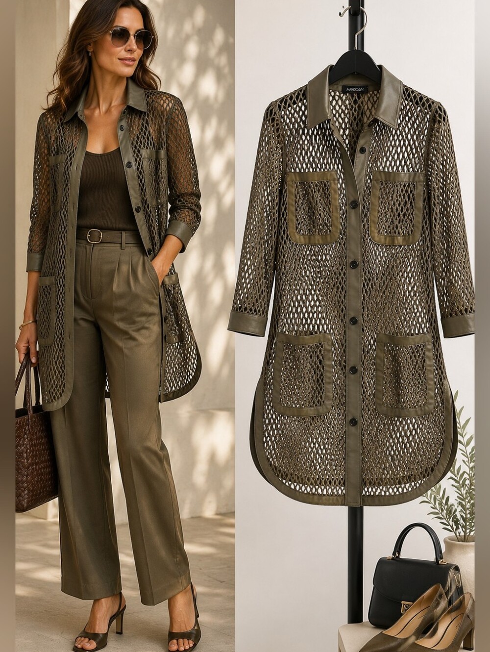 Marc Cain Olive Taupe Mesh Utility Jacket Safari Cargo Longline